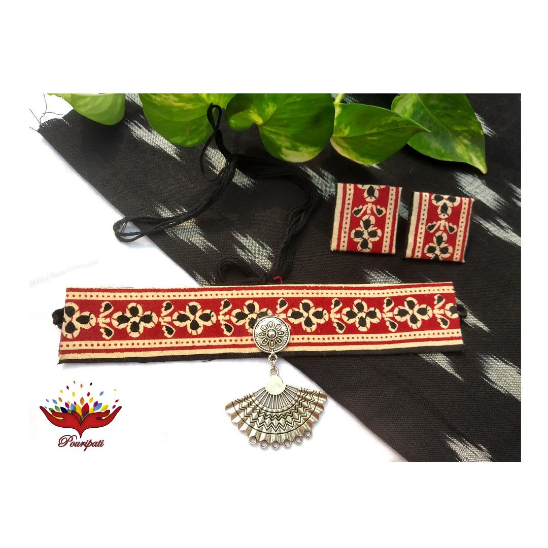 IMG-20211129-WA0099 - Shreyasi Sadhukhan Ajrakh Oxidized Choker Set - Image 1