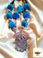 Handcrafted Oxidized Silver Elephant Pendant Necklace with Blue Beaded Necklace Set - Tribal Boho JewelleryBahubali Beads Oxidized Necklace Set