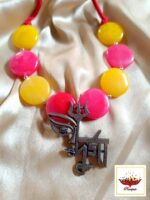 Handcrafted Oxidized Durga Maa Face & Trishul Pendant Necklace with Pink & Yellow Beads - Handmade Navratri Jewellery - Image 4