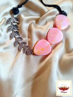 Handcrafted Oxidized Silver Leaf Pendant Necklace with Pink Mottled Beads - Bohemian Chic - Image 4