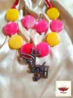 Handcrafted Oxidized Durga Maa Face & Trishul Pendant Necklace with Pink & Yellow Beads - Handmade Navratri Jewellery