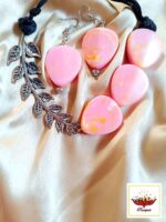 Handcrafted Oxidized Silver Leaf Pendant Necklace with Pink Mottled Beads - Bohemian Chic