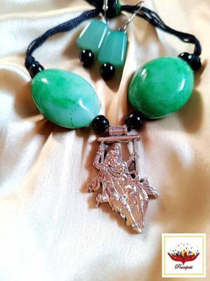 Vibrant Green Jadeite & Oxidized Silver Devotional Necklace Set – Radha Krishna Pendant