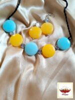 Vibrant Dual-Tone Yellow & Blue Chunky Bead Necklace Set with Earrings