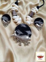 Oxidized Silver Fish Pendant Necklace with Cowrie Shells & Ikat Fabric