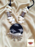 Oxidized Silver Fish Pendant Necklace with Cowrie Shells & Ikat Fabric - Image 2