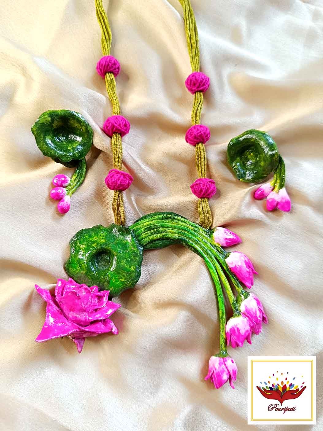 WhatsApp Image 2025-07-30 at 12.40.09 PM (1) Boho Chic Pink and Green Artistic Lotus Necklace Set - Handcrafted Clay Jewellery - Image 1