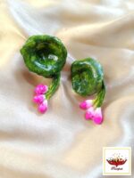 Boho Chic Pink and Green Artistic Lotus Necklace Set - Handcrafted Clay Jewellery - Image 3