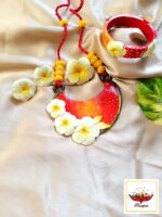 Exquisite White Flower & Red Handcrafted Clay Necklace & Bangle Set