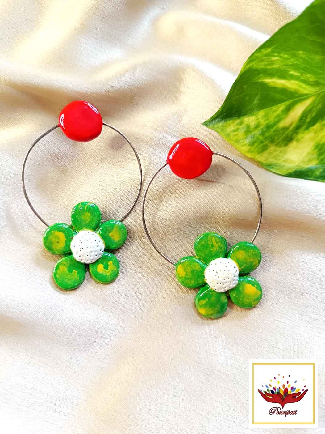 WhatsApp Image 2025-07-31 at 9.02.29 PM "Garden Bloom" Red & Green Floral Hoop Earrings - Vibrant & Playful Handmade Jewellery - Image 1