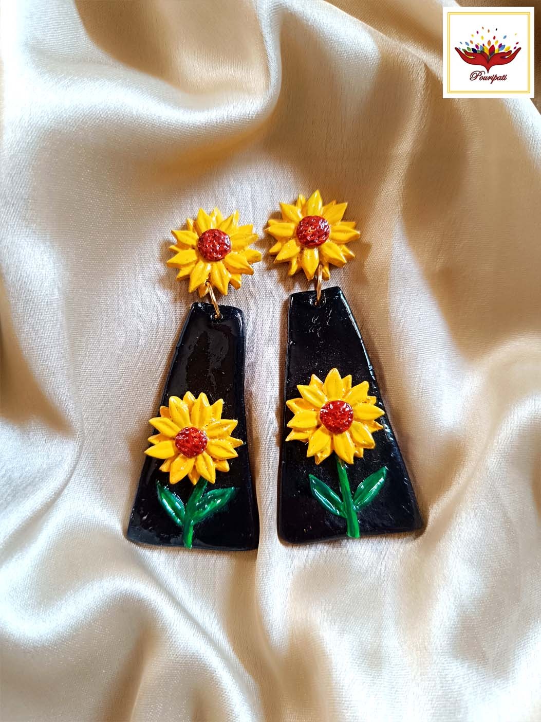 WhatsApp Image 2024-05-03 at 7.03.30 PM (8) Black & Yellow Sunflower Dangle Earrings - Handmade Jewellery - Image 2