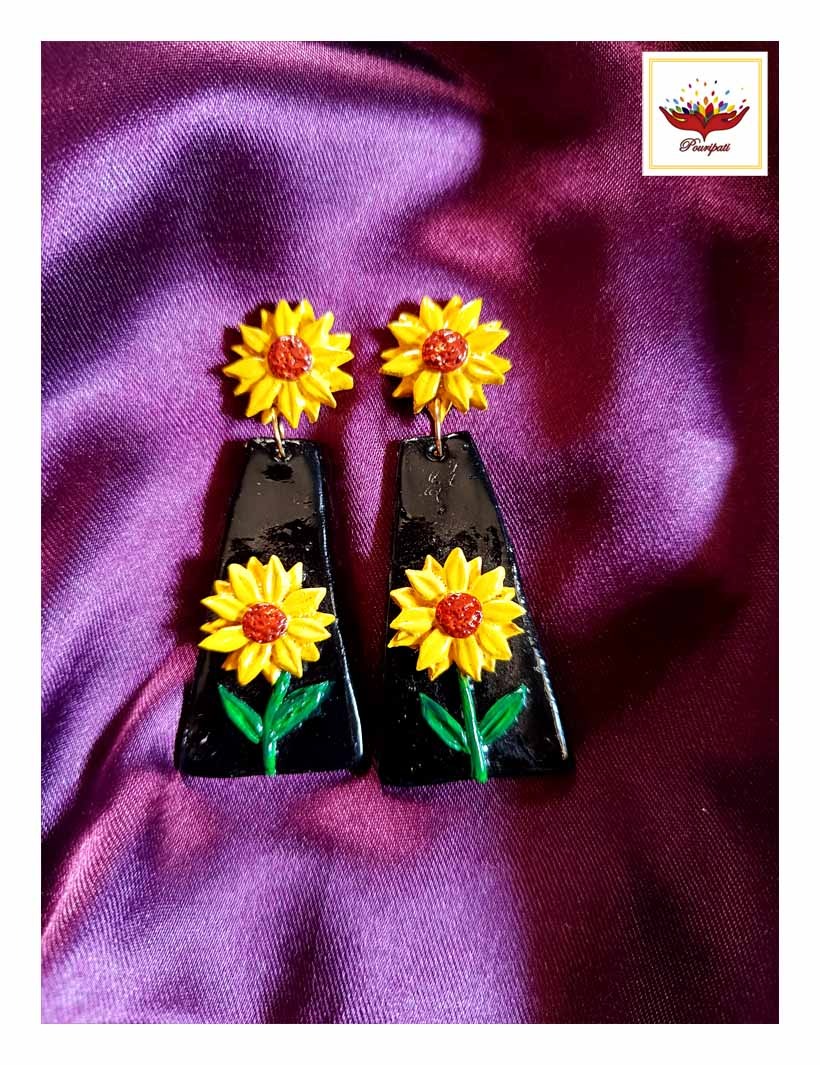 WhatsApp Image 2024-05-03 at 7.03.44 PM (4) Black & Yellow Sunflower Dangle Earrings - Handmade Jewellery - Image 1