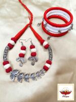 Handcrafted Thread Jewellery Set with Silver Leaf Accents – Necklace, Earrings Set with Bangles - Image 4