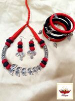Handcrafted Thread Jewellery Set with Silver Leaf Accents – Necklace, Earrings Set with Bangles - Image 2