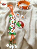 Handcrafted Siuli Flower & Leaf Clay Jewellery Set with Cowrie Shells - Artisanal Clay Necklace Set