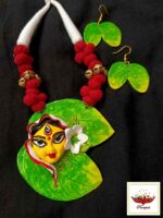 Handcrafted Clay Durga Face Leaf Jewellery Set - Artisanal Clay Necklace Set