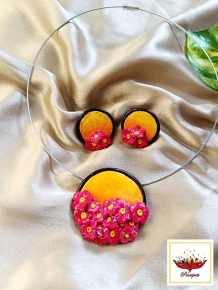 Golden Bloom: Clay Necklace and Earring Set – Artistic Designer Jewellery