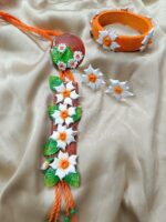 Handcrafted Siuli Flower & Leaf Clay Jewellery Set with Cowrie Shells - Artisanal Clay Necklace Set - Image 6