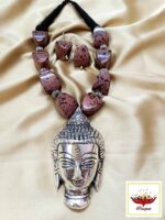 Oxidized Silver Buddha Head Pendant Necklace Set with Chemical Beads
