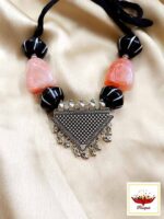 Oxidized Silver Pendant Necklace with Pink & Black Chemical Beads